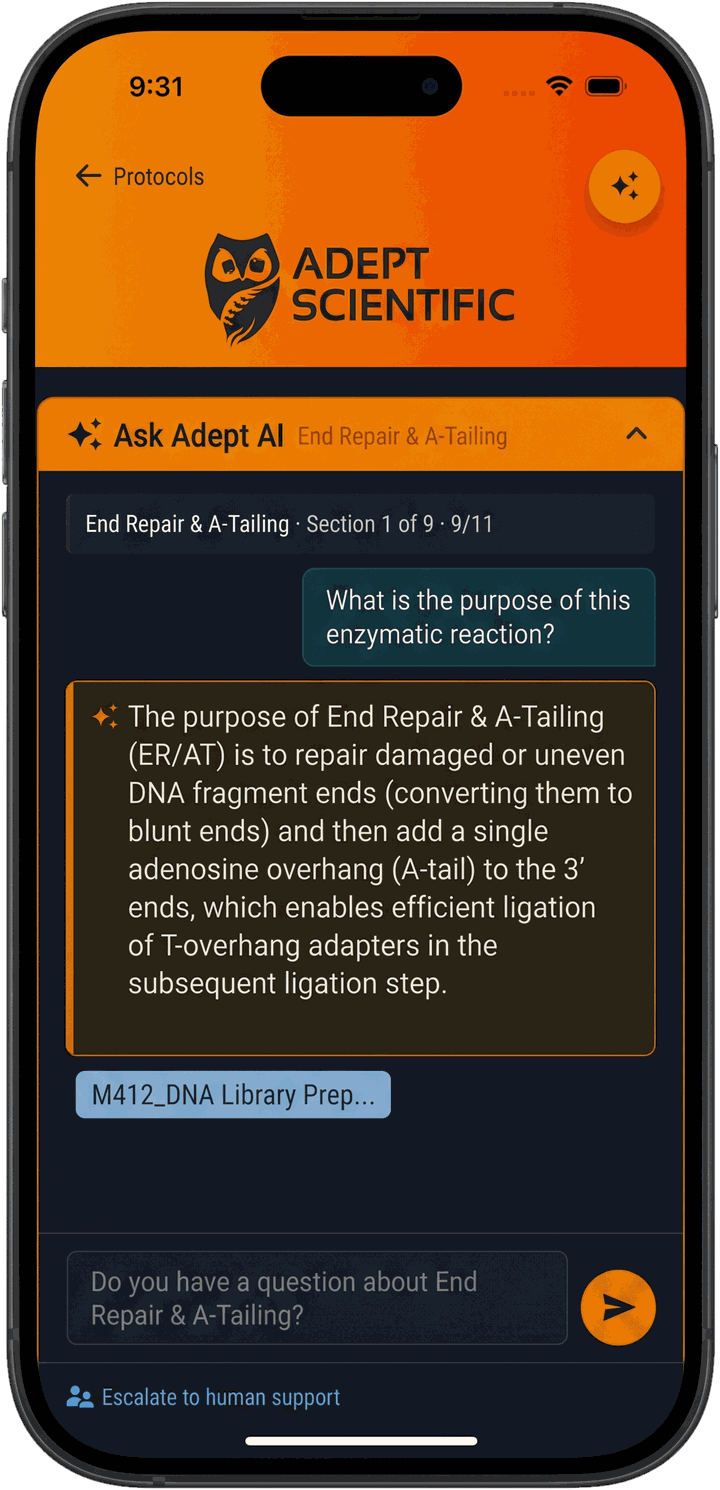 Adept app on a phone: Ask Adept AI answering a scientist's question about End Repair and A-Tailing, with the protocol source cited