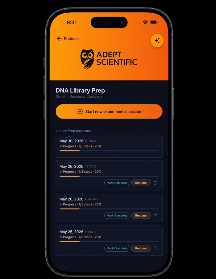 Adept mobile app: DNA Library Prep protocol screen with past runs